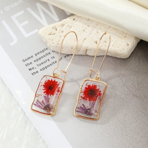 Anthropologie Jewelry - NEW Handmade Red and Purple Pressed Flower Petal Gold Resin Drop Earrings